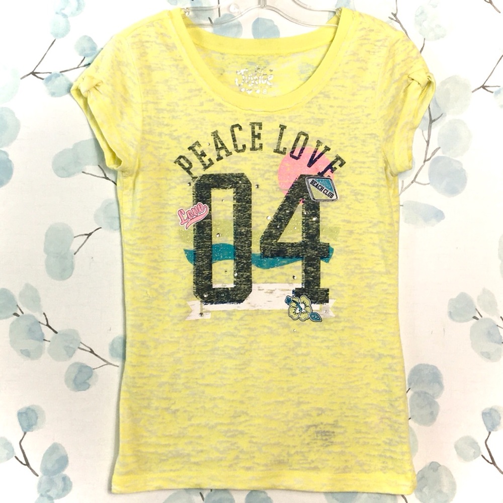 Justice Kids Yellow Graphic Tee Tshirt Burnout Sheer Short Sleeve Top Peace Love